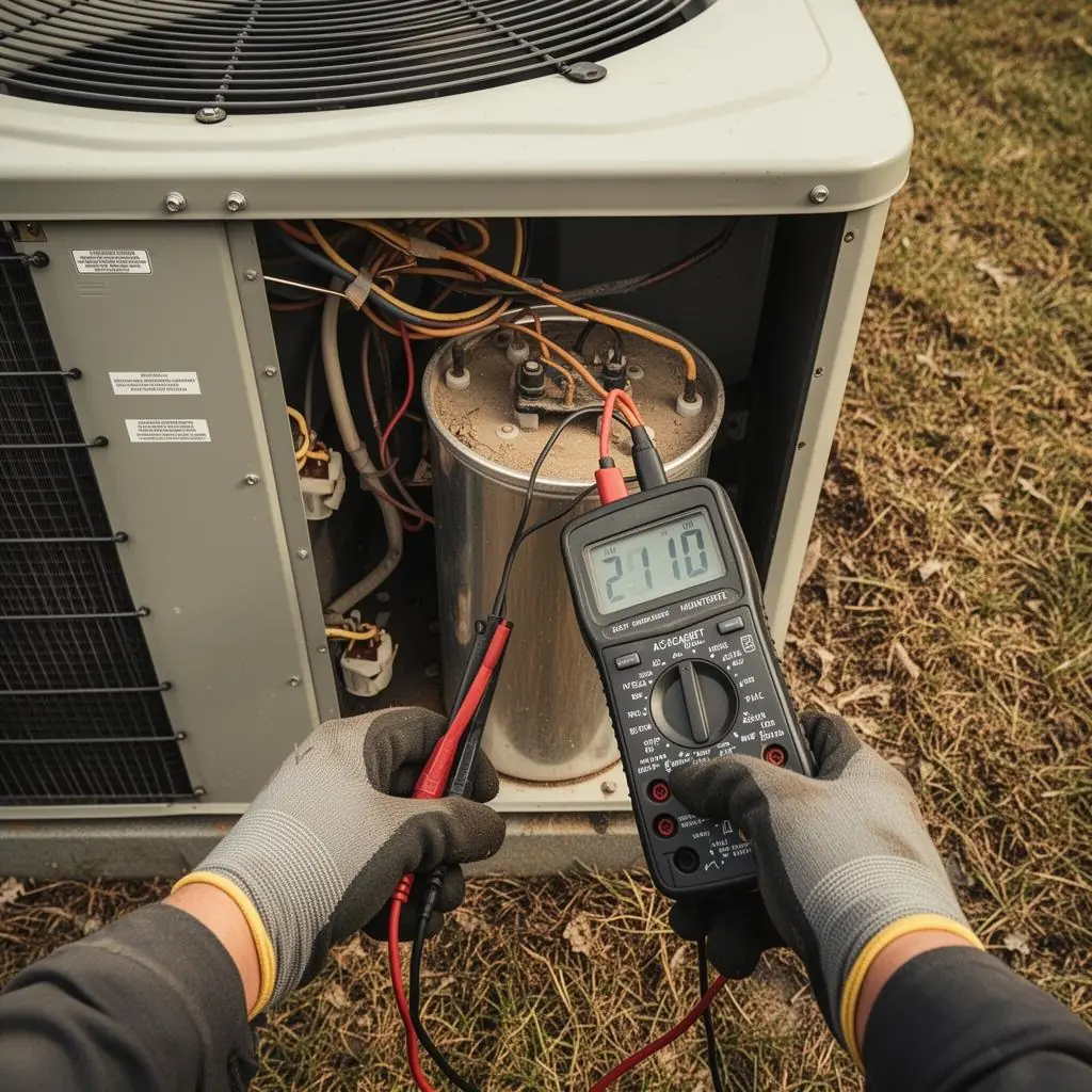 HVAC tech testing an AC capacitor with a multimeter on a Baltimore MD service call
